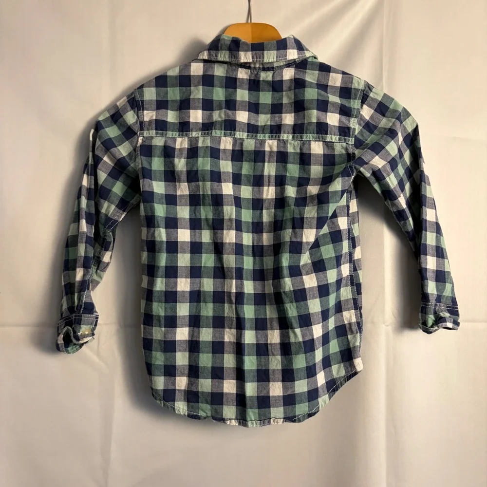 Carters Boys Navy Blue Mint Green Gingham Plaid Button Down Shirt Size 4